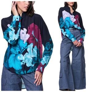 *NWT The Kit Annie Button Up Shirt Tunic Size 2X Floral Oversized Viscose Satin